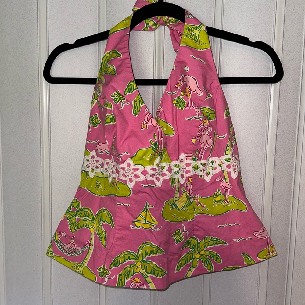 VINTAGE LILLY PULITZER PINK COTTON HALTER TOP SZ 8